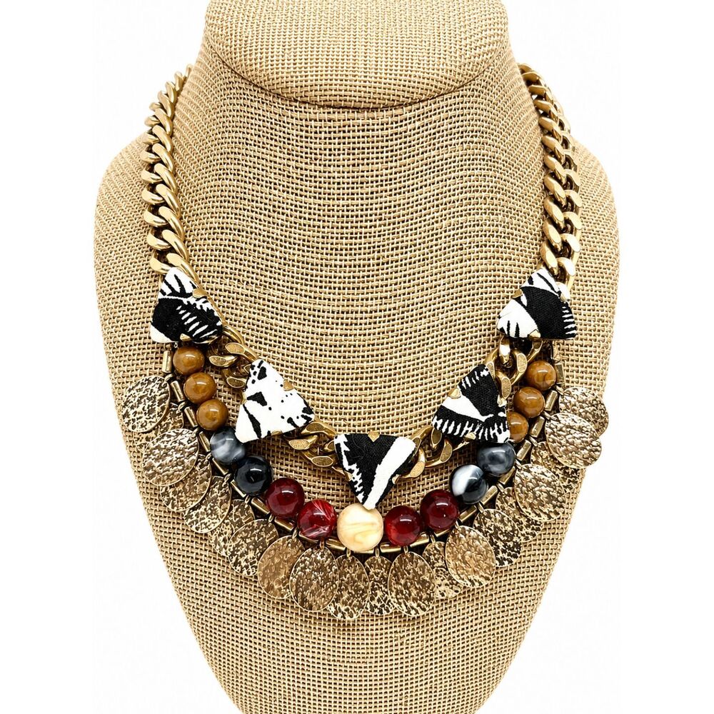 MANGO BIB NECKLACE Mixed Media Beaded Coin Disc Statement Boho Collar